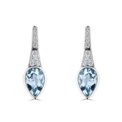 Aquamarine and Diamond Pear Shaped Bezel set Earrings made in 18ct White Gold