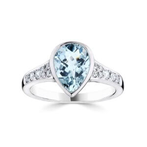 Aquamarine and Diamond Pear Shaped Bezel set Ring made in 18ct White Gold