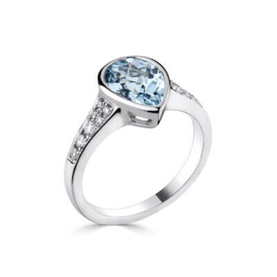 Aquamarine and Diamond Pear Shaped Bezel set Ring made in 18ct White Gold