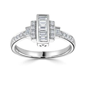 Art Deco inspired Baguette and Round Diamond ring made in 18ct White Gold