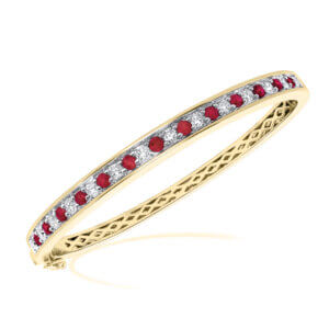 Pre-Owned Alternating Ruby and Diamond Bangle with Hinge made in 9ct Yellow Gold