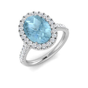 Pre-Owned Aquamarine and Diamond Halo ring made in Platinum
