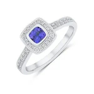 Pre-Owned Cushion Tanzanite and Grain Set Diamond Custer Ring with Diamond Shoulders made in 18ct White Gold