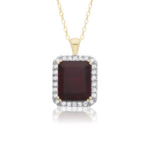 Pre-Owned Garnet and Diamond Halo Pendant made in 9ct Yellow Gold