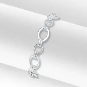 Sterling Silver Handmade 8.7mm Double Oval & Round Textured Chain Bracelet 7.5 inch