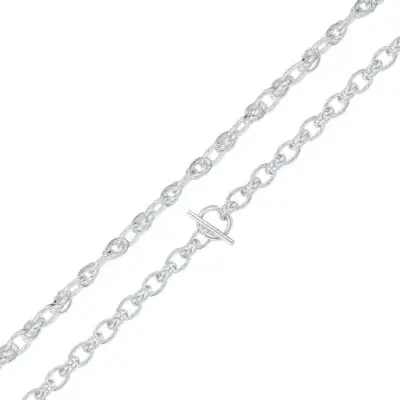 Sterling Silver Handmade 9mm Textured Oval Fancy Chain Bracelet with T-Bar Clasp