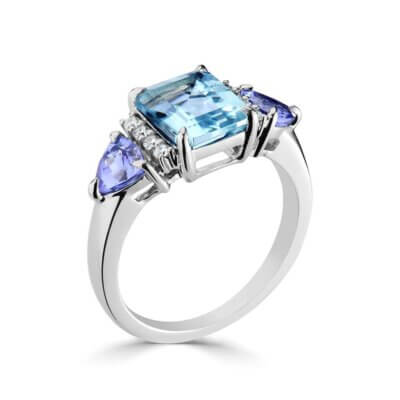 Aquamarine and Tanzanite Ring with Diamonds made in 18ct White Gold