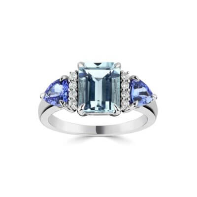 Aquamarine and Tanzanite Ring with Diamonds made in 18ct White Gold