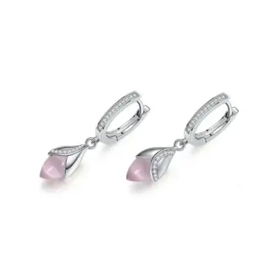 Fei Liu Magnolia Silver Cubic Zirconia Huggie Earrings Pink MAG-925R-201-CEPK