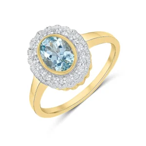 Pre-Owned 9ct Yellow Gold Rubover Oval Aquamarine & Milgrain Diamond Cluster Ring