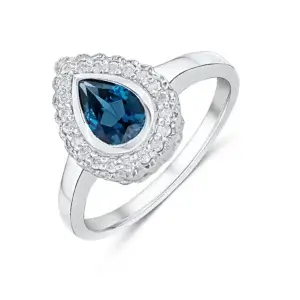 Pre-Owned 9 White Gold Rubover Pear Shaped London Blue Topaz & Milgrain Diamond Cluster Ring