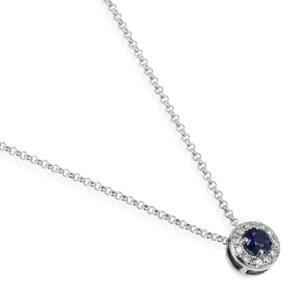 Pre-Owned 18ct White Gold Round Brilliant Cut Blue Sapphire and Diamond Claw Set Halo Pendant