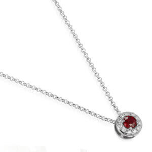 18ct White Gold Round Brilliant Cut Ruby and Diamond Claw Set Halo Pendant